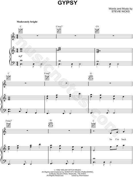 Fleetwood Mac Gypsy Sheet Music In C Major Transposable Download And Print Sku Mn0037347 D5