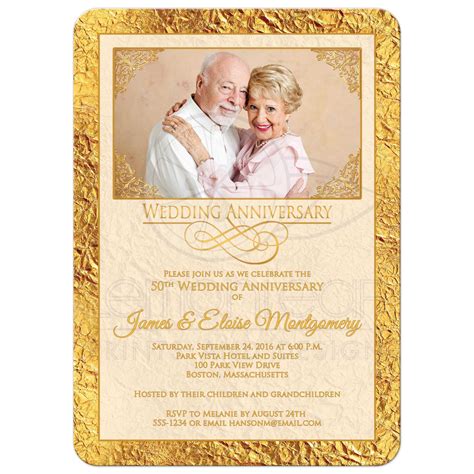 50th Wedding Anniversary Photo Invitation Ivory Gold Scrolls Faux Foil