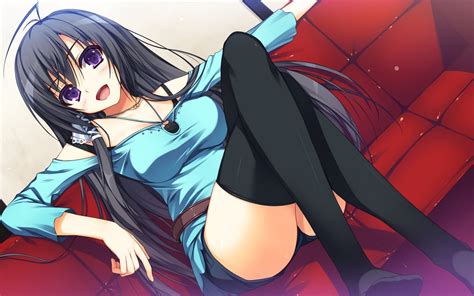 Legs Anime Thigh Highs Purple Eyes Black Hair Reminiscence Mizuno