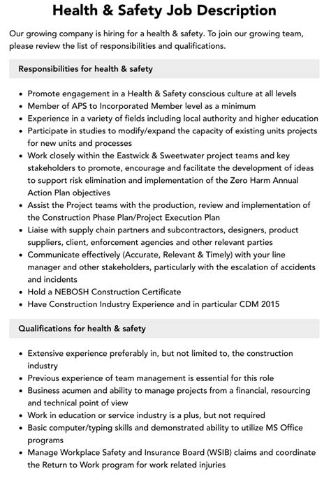 Health And Safety Job Description Velvet Jobs