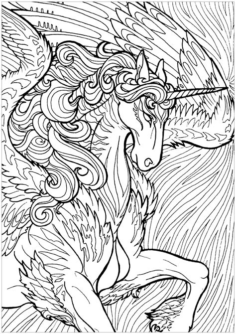 Unicorn With Wings And Background Unicorns Adult Coloring Pages