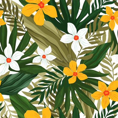 Abstract Tropical Floral Seamless Pattern With Palm Leaves Flower