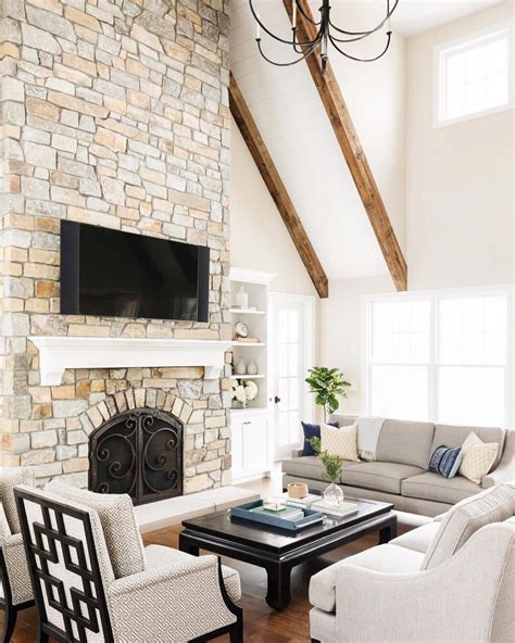 2 Story Living Room With Stone Fireplace Bria Hammel Interiors