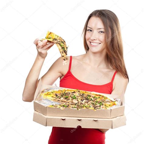beautiful brunette woman holding piece of pizza royalty free stock images affiliate holding