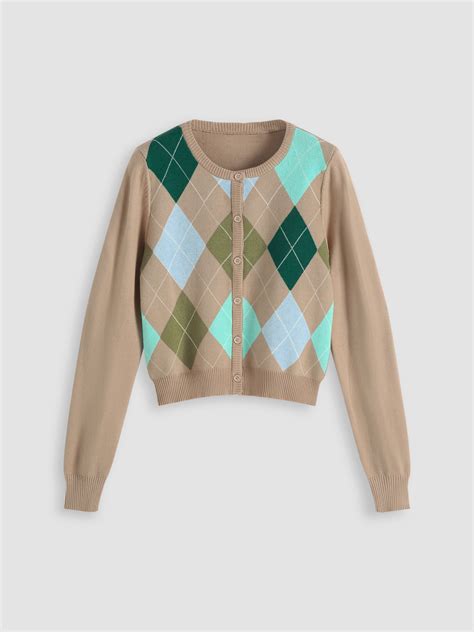 Argyle Print Knit Cardigan Cider