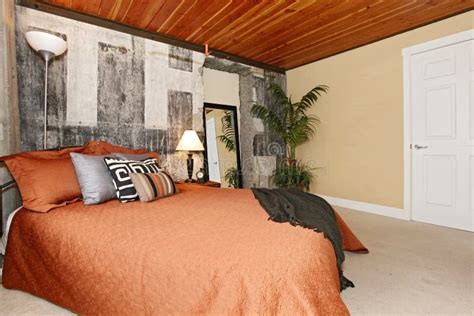 Modern Bedroom With A Broken Concrete Wall Stock Image Image Of