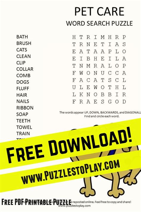 Pet Care Word Search Puzzle Kids Word Search Free Printable Word