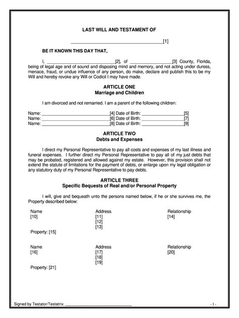 Free Printable Last Will And Testament Blank Forms Florida Printable
