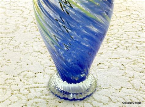 Murano Millefiori Art Glass Vase Ruffled Top Footed Base Multi Color Swirls Of Blue Green