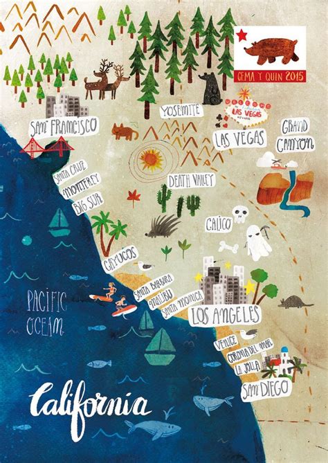 Illustrated Map Of California Usa Carte Illustrée De Californie