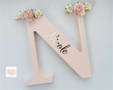 Wood Letter With Flowers And Personalised And Vinyl Name 20cm Etsy