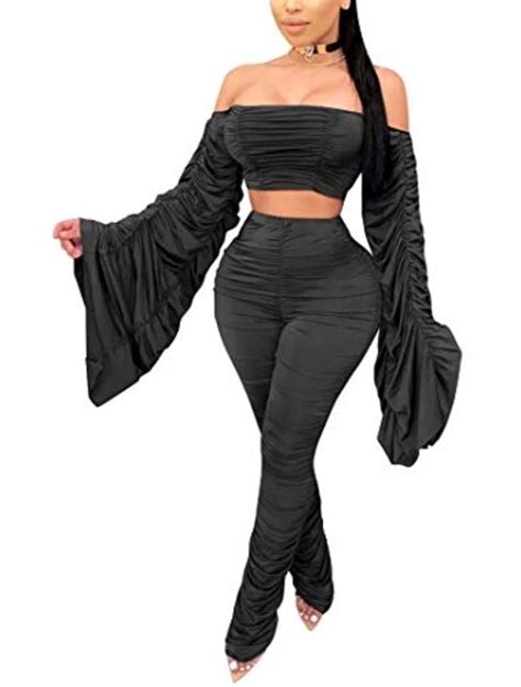 buy aro lora women s sexy jumpsuit see through 2 piece outfit long sleeve crop top bodycon pant