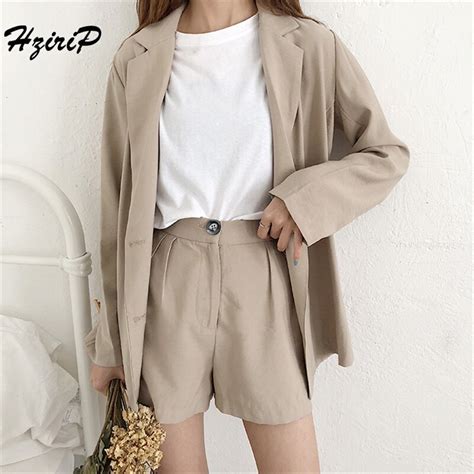 Hzirip Women Autumn Simple Office Suit Sets Solid Suit Short Pants