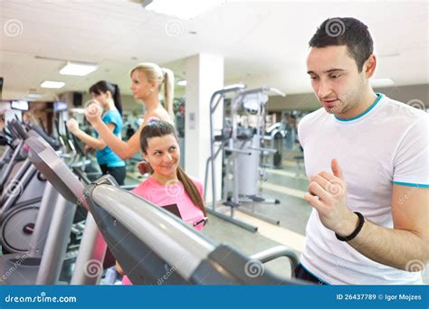 Trainer Instructing Man On Treadmill Stock Image Image Of Action