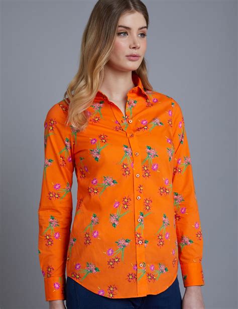 Women S Orange Floral Semi Fitted Shirt Single Cuff Hawes Curtis