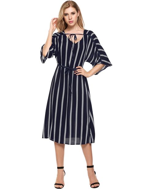 Seewebest Womens V Neck Half Sleeve Striped Drawstring Casual Loose