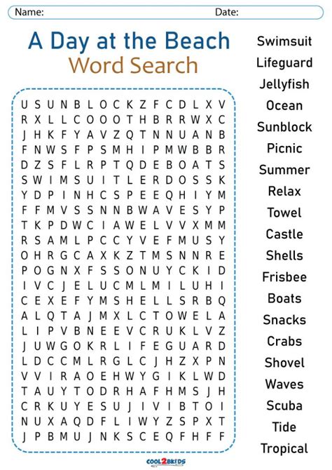 Printable Beach Word Search Cool2bkids