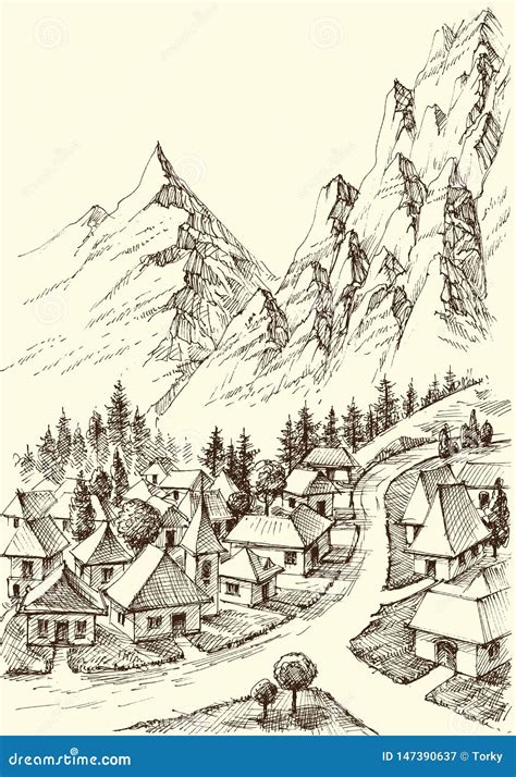 Dibujo De La Mano Del Pueblo De Montañas Ilustración del Vector Ilustración de casa camino