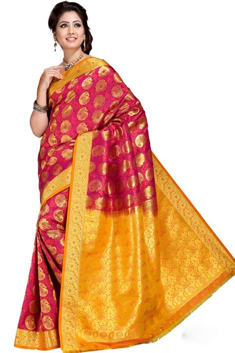 Magenta And Amber Yellow Kanchipuram Silk Embroidered Festival Saree Sku Code379 4871sa828215