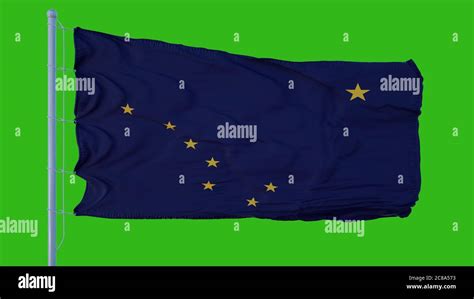 State Flag Of Alaska Waving In The Wind Against Green Screen Background