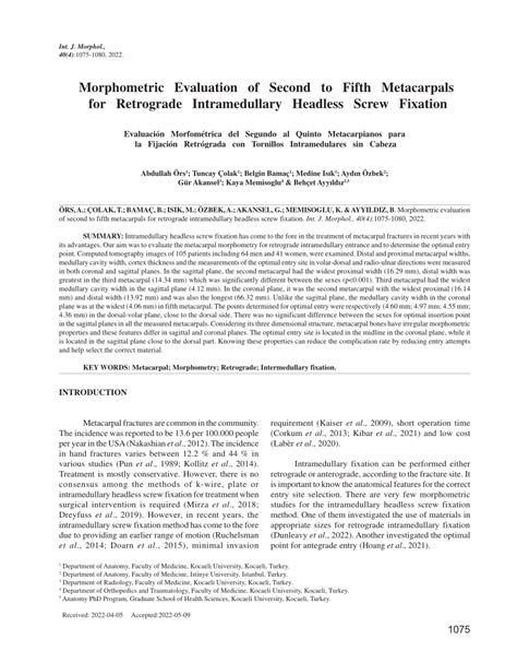 PDF Morphometric Evaluation Of Second To Fifth Metacarpals For Retrograde Intramedullary