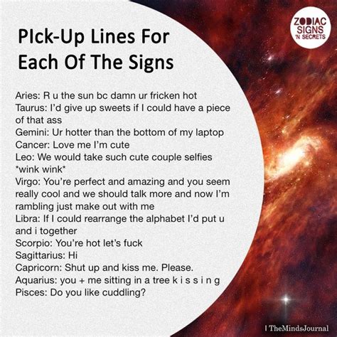 Pick Up Lines For Each Of The Signs Aries R U The Sun Zodiac Signs