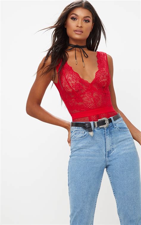 red lace bodysuit prettylittlething aus