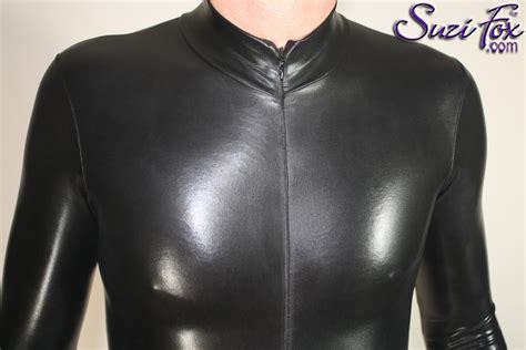 Mens Custom Catsuit Shown In Black Faux Leather Metallic Foil Spandex
