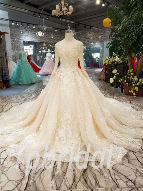 Champagne Lace Wedding Dress Hand Made Long Sleeve