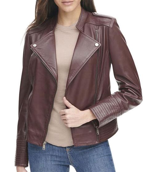 Womens Quilted Design Asymmetrical Zipper Burgundy Leather Jacket