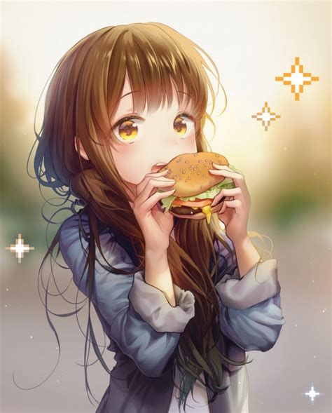 Wallpaper Anime Girl Hamburger Eating Moe Brown Hair