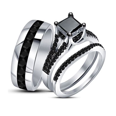 Real Diamond Bride Groom Engagement Wedding Ring 14k White Gold Finish
