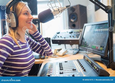 Happy Female Radio Host Broadcasting In Studio Stock Image Image Of