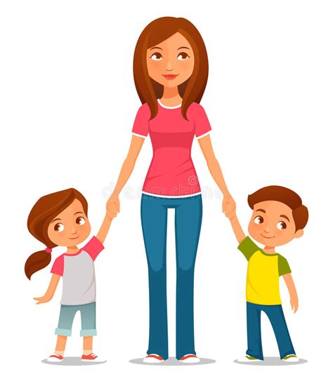 Cartoon Illustration Of Mother With Two Kids Stock Vector ...