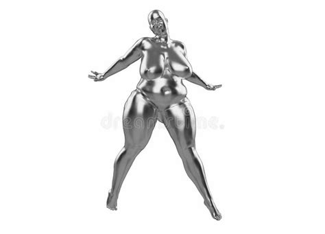 Fat Girl Made Of Silver She Stands Spreading Legs And Arms In
