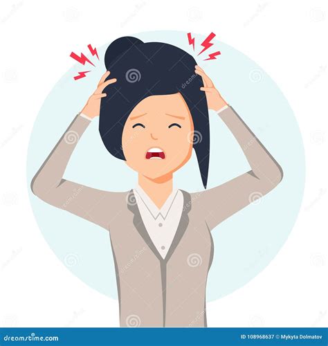 Woman Having Headache Migraine Pressing Hand To Her Forehead Cartoon