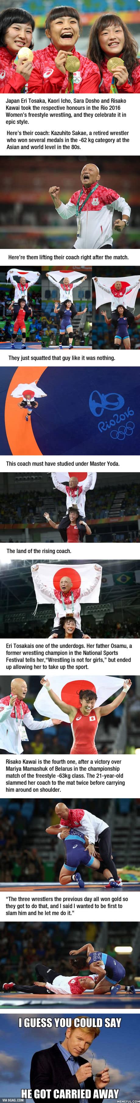 Japanese Wrestlers Bodyslam And Lift Their Coach To Celebrate Olympic