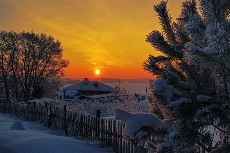 Winter Snow Tree House Fence Sunset Sun Hd Wallpaper
