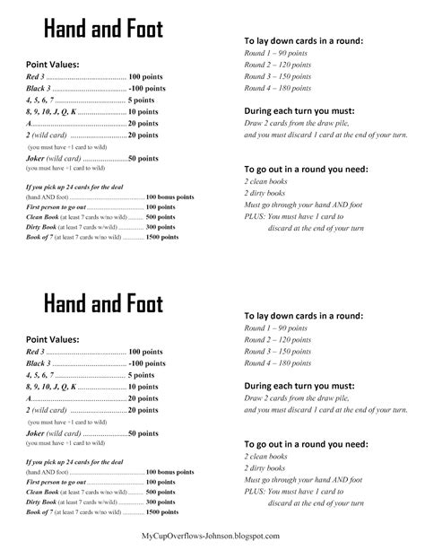 Hand And Foot Rules Printable Printable Blank World