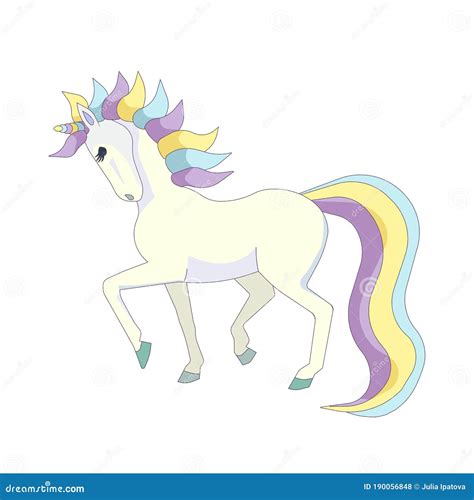 Pretty Unicorn With Colorful Tail And Mane On White Isolated Background