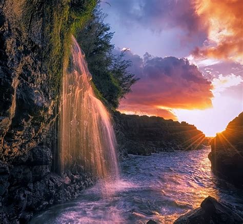 Waterfall Flowing Into The Sea Kauai Rocks Hawaii Ocean Bonito