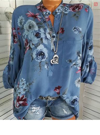 Womens Floral Button Down Shirt Long Sleeves Round Neckline White