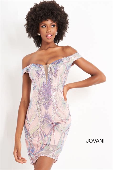 jovani 05101 pink sequin plunging neck short dress