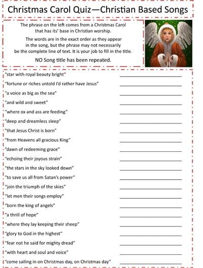 Christmas Carol Quiz Christian Based Game Sheet