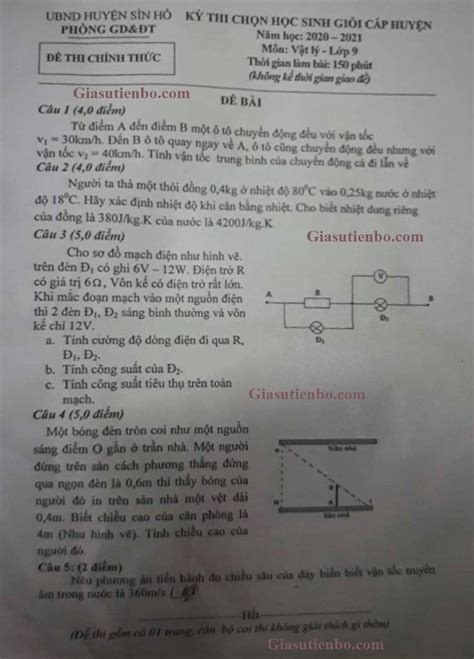 Chúc các bạn thành công thành công !! Đề thi HSG Vật lý 9 huyện Sìn Hồ, Lai Châu 2020-2021
