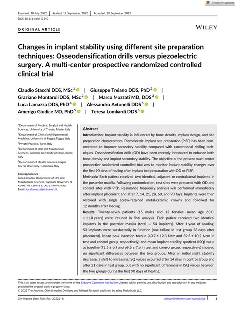 Pdf Changes In Implant Stability Using Different Site Preparation
