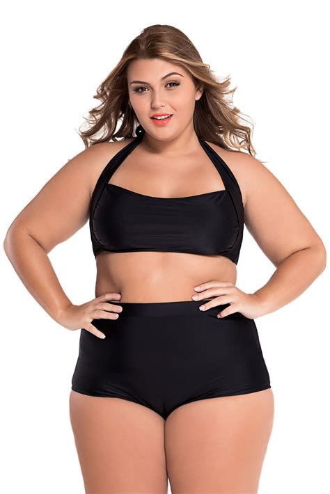 Adult Sexy Black Halter Bandeau High Waist Plus Size Swimwear