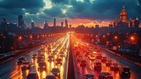 A City Street Filled With Lots Of Traffic At Night Stock Photo Image