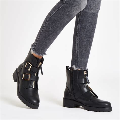 River Island Black Buckle Front Zip Chunky Boots Lyst