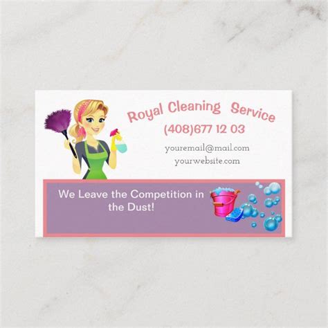 A Cleaning Business Card With A Woman Holding A Mop And Duster On It